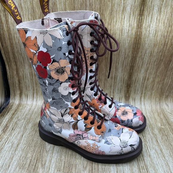 Dr. Martens Shoes - Dr. Martens 1B99 Floral Boots Women's Size 8 White Tall 14-Eye Lace Up Zip